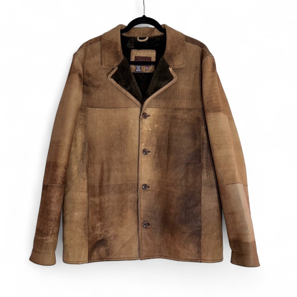 Vintage Zara Brown Patina Shearling Leather Jacket Coat Button Up Men's XL